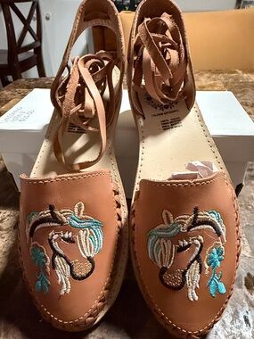 Tan Embroidered Leather Women’s Espadrille Mules with Ankle Wraps